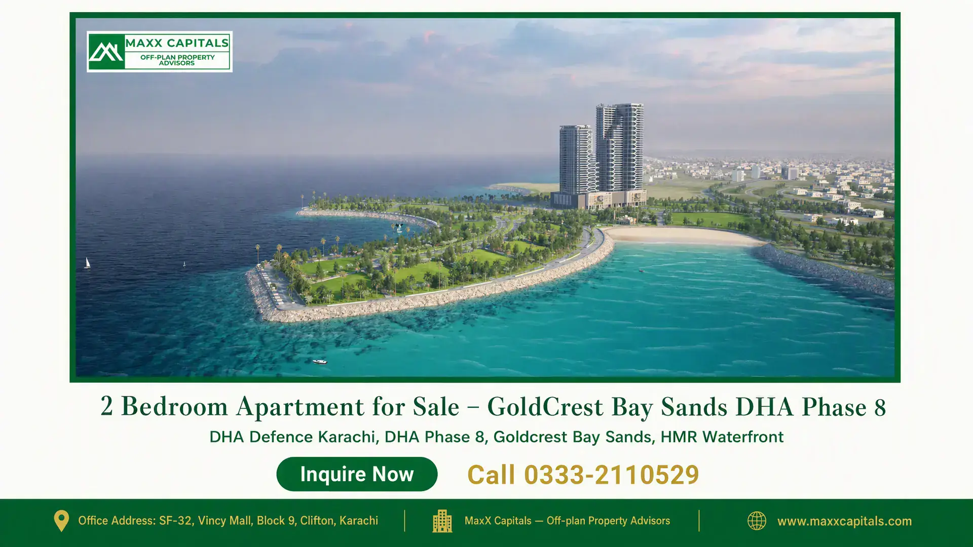 2 Bedroom Apartment for Sale – GoldCrest Bay Sands DHA Phase 8 Aerial view of luxury beachfront apartments at GoldCrest Bay Sands DHA Phase 8 surrounded by lush greenery and ocean waves.
