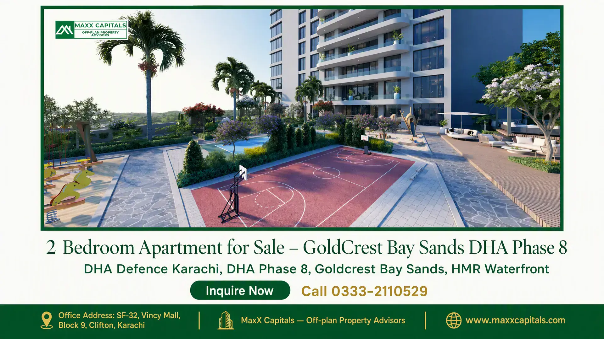 2 Bedroom Apartment for Sale – GoldCrest Bay Sands DHA Phase 8 Luxury apartment complex with modern balconies, landscaped gardens, playground, basketball court, and walking paths.