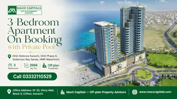 Luxury High-Rise Development With Waterfront Views Featuring 3-Bedroom Apartments, Private Pools, And Modern Architecture.