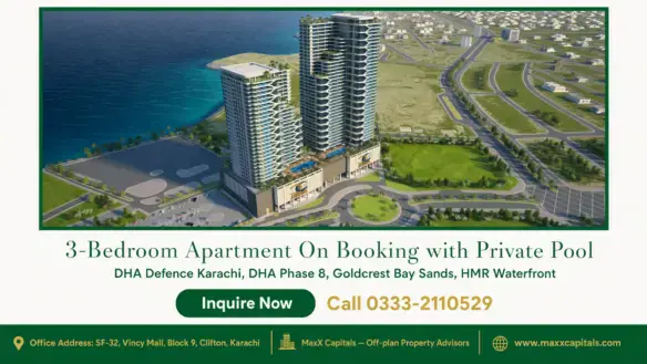 Two modern high-rise towers with sea-facing views, private pool decks, and surrounded by landscaped greenery in DHA Phase 8,