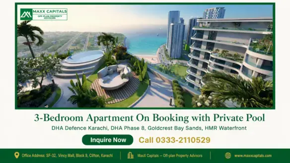 Luxury 3-bedroom apartment with rooftop pool, patio seating, and views of high-rise buildings and the ocean in DHA Phase 8.
