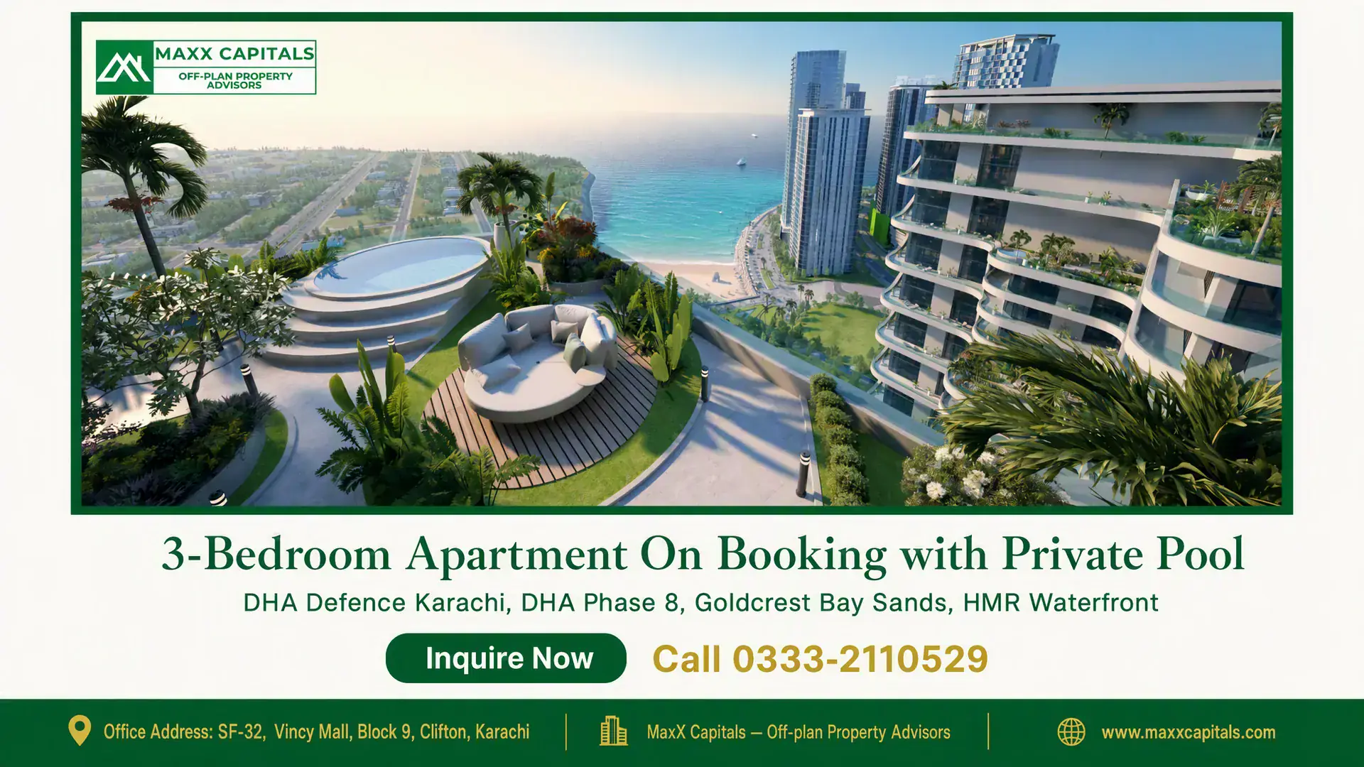 3-Bedroom Apartment On Booking with Private Pool Luxury 3-bedroom apartment with rooftop pool, patio seating, and views of high-rise buildings and the ocean in DHA Phase 8.
