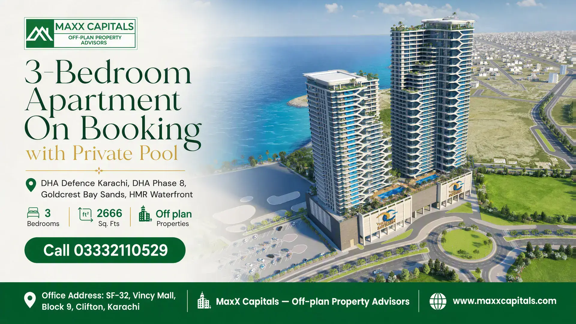 3-Bedroom Apartment On Booking with Private Pool Luxury high-rise development with waterfront views featuring 3-bedroom apartments, private pools, and modern architecture.
