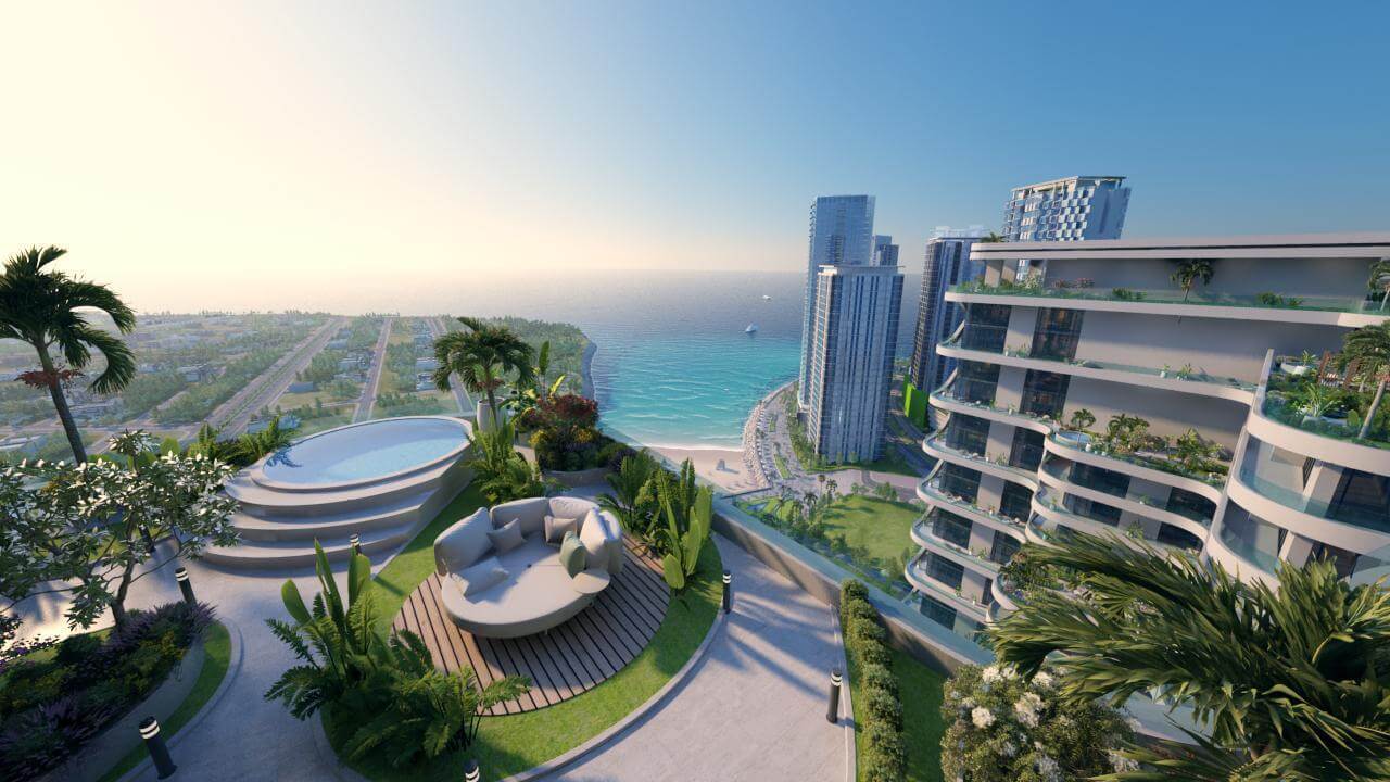 3-Bed Apartment with Plunge Pool in DHA Phase 8 Karachi Goldcrest (3) Modern 3-bedroom apartment building with private infinity pool, lounge seating, palm trees, ocean and city skyline views