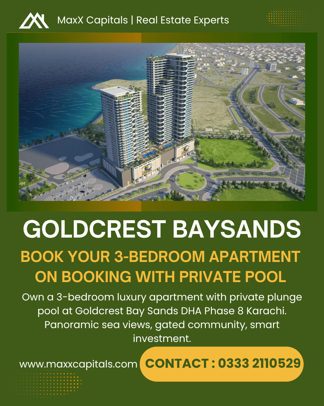 Aerial view of Goldcrest Baysands 3-bedroom apartment towers with private plunge pools, panoramic sea views, green spaces in 