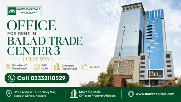 Modern High-Rise Glass Facade Of Balad Trade Center 3 In Clifton, Showcasing A Sleek Architectural Design Under A Clear Sky.