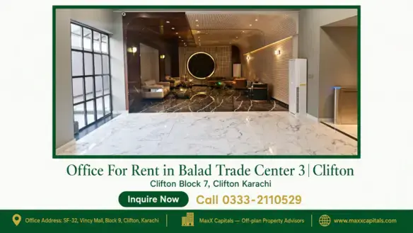 Luxurious office space with marble flooring, modern seating area, and a large glass window in Balad Trade Center.