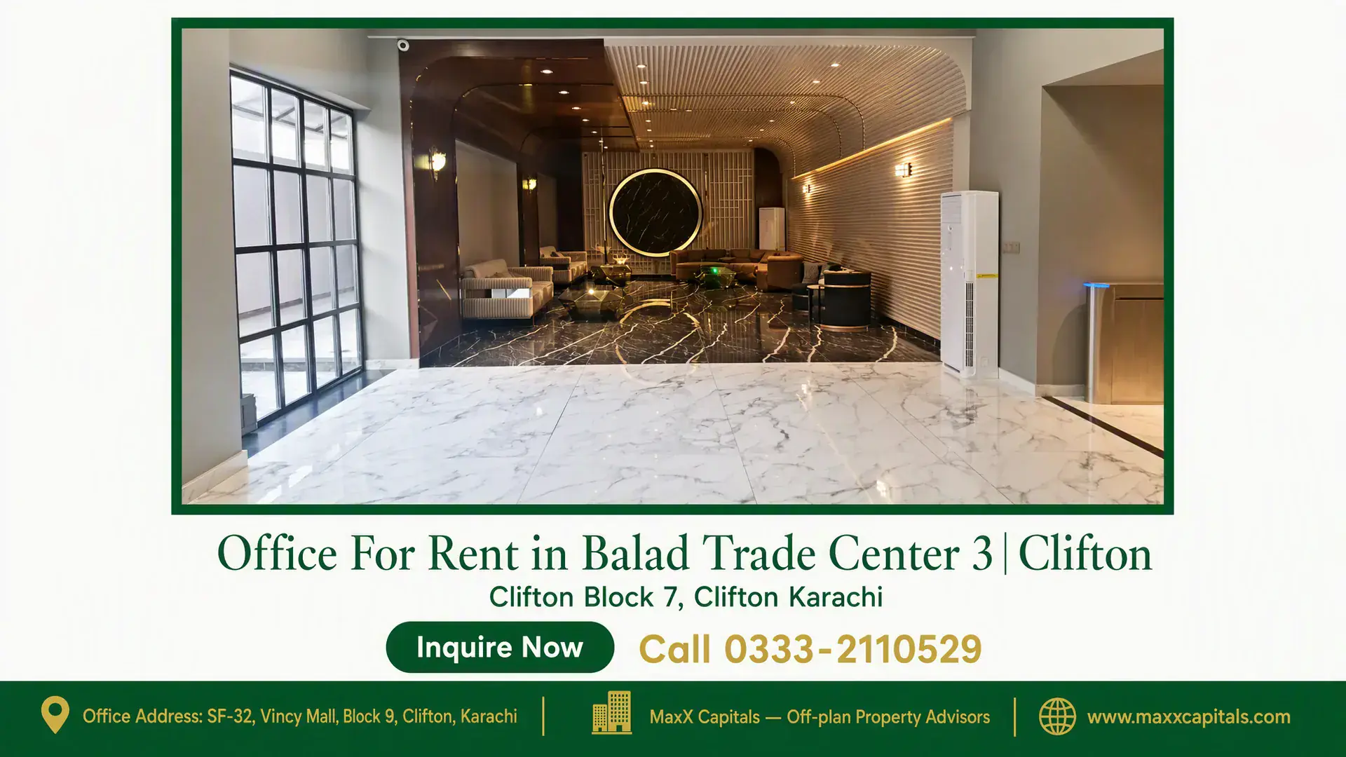 Office For Rent in Balad Trade Center 3 | Clifton Luxurious office space with marble flooring, modern seating area, and a large glass window in Balad Trade Center.