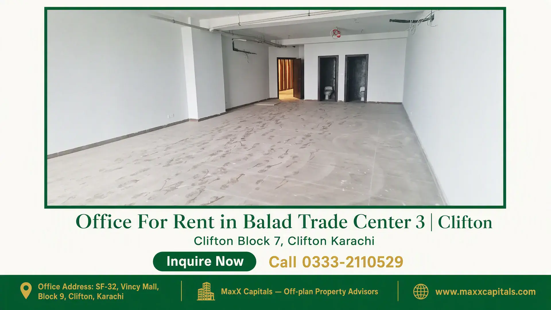 Office For Rent in Balad Trade Center 3 | Clifton Spacious, unfurnished office space with tiled flooring, white walls, and basic utilities in Balad Trade Center, Clifton.