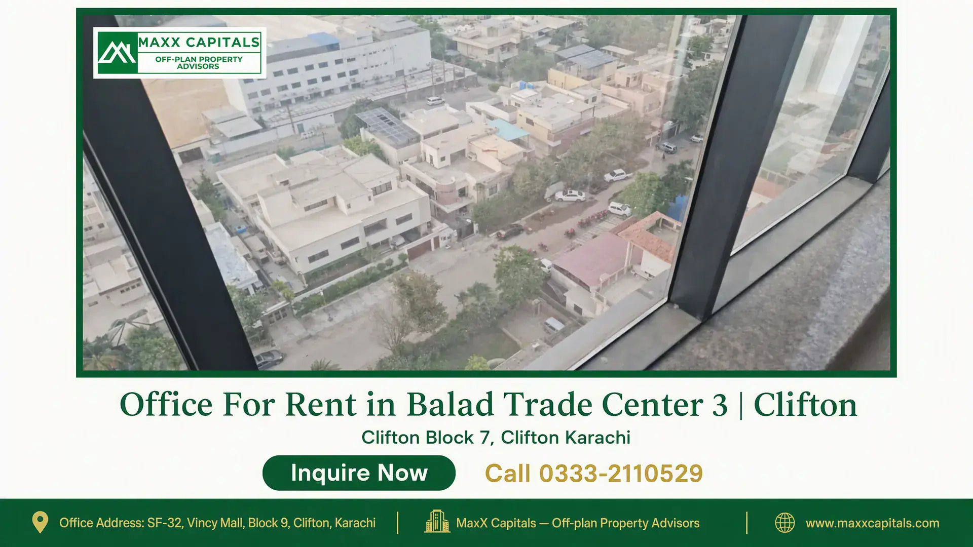 Office For Rent in Balad Trade Center 3 | Clifton High-rise view from Balad Trade Center in Clifton overlooking urban residential and commercial buildings with trees and roads