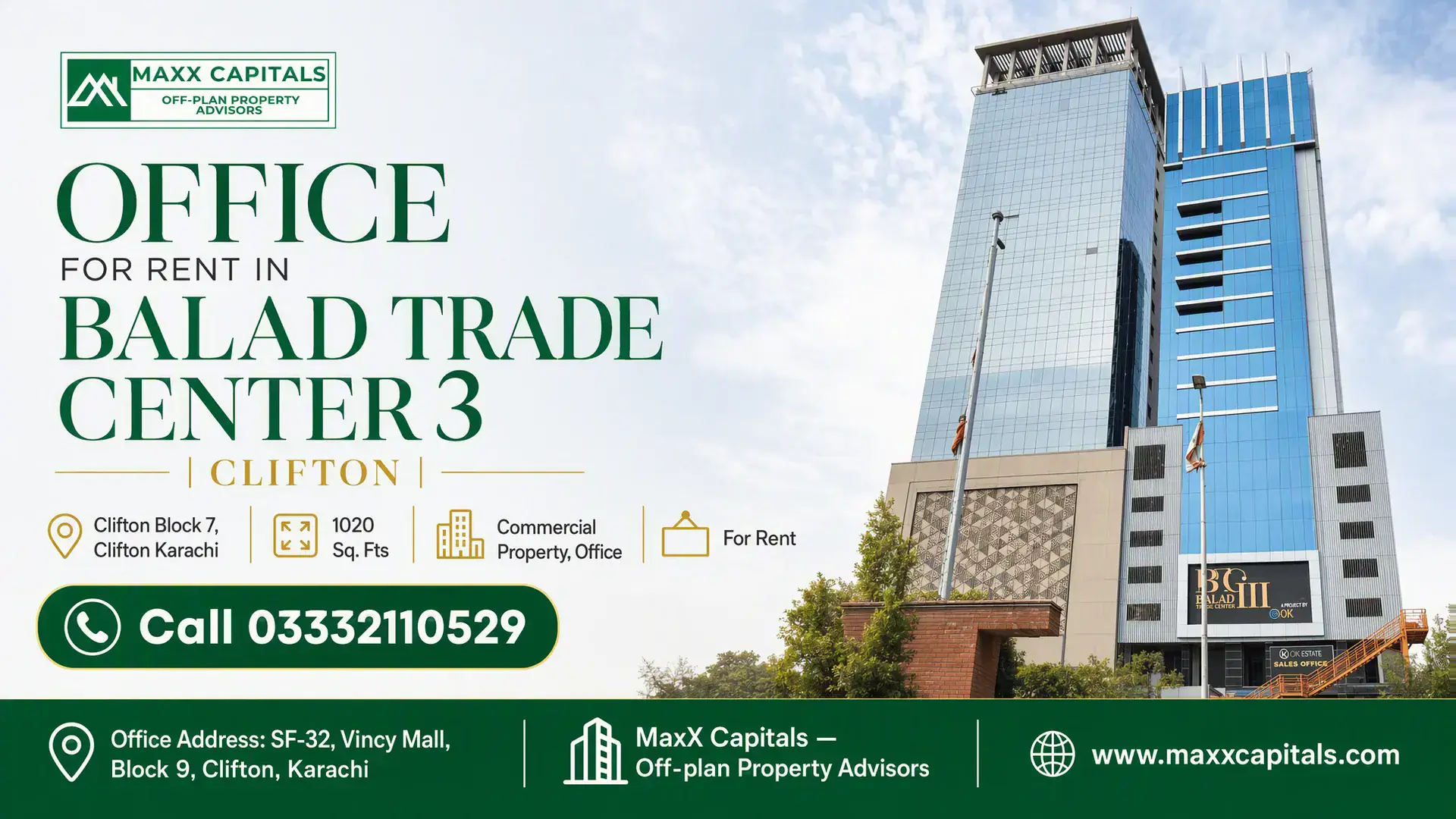 Office For Rent in Balad Trade Center 3 | Clifton Modern high-rise glass facade of Balad Trade Center 3 in Clifton, showcasing a sleek architectural design under a clear sky.