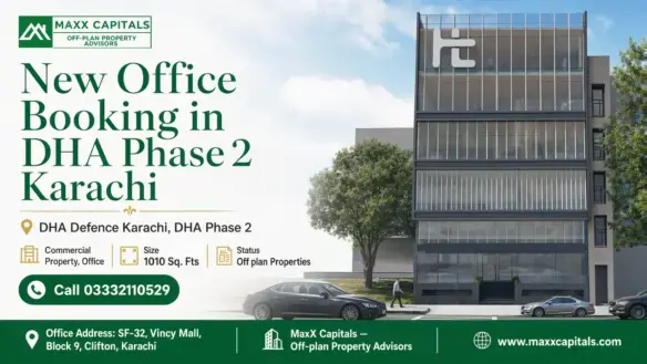 Modern Office Building In Dha Phase 2 Karachi With Glass Facade, Surrounded By Greenery And Parked Cars.