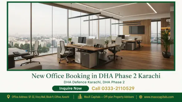 Modern office space with open workstations, wood flooring, large windows offering city views in DHA Phase 2 Karachi.