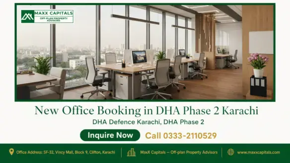 Spacious, modern office space in DHA Phase 2 Karachi with large windows, ergonomic chairs, and a city view.