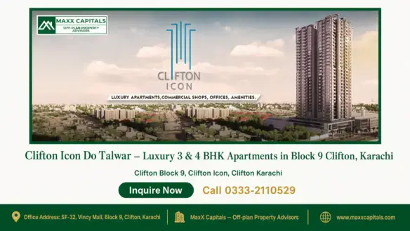 High-rise Clifton Icon building with luxury apartments, commercial spaces, and offices in Block 9, Clifton, Karachi.
