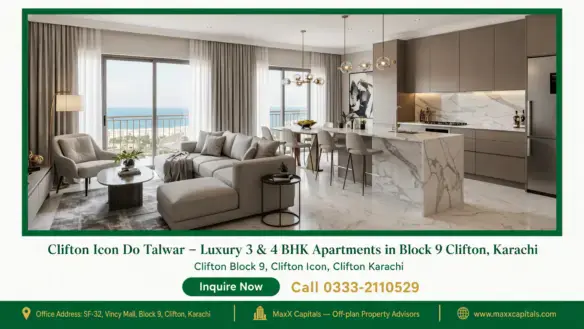 Luxurious furnished living and dining area with a sea view in Clifton Icon Karachi, featuring modern interior design and marb