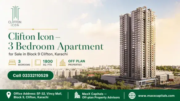 High-Rise Luxury Apartment Tower In Block 9 Clifton, Karachi, Featuring 3-Bedroom Units For Sale With Scenic City Views.