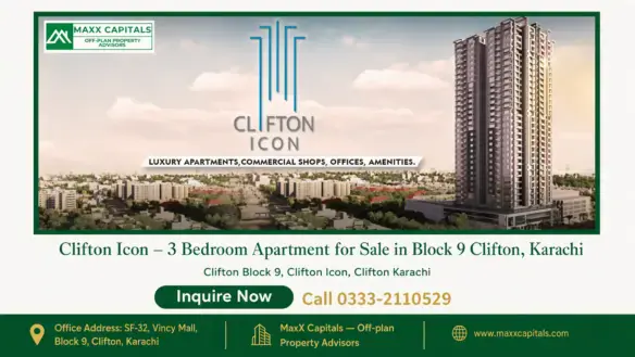 Clifton Icon high-rise tower in Block 9 Clifton Karachi, featuring luxury apartments, commercial shops, and premium amenities