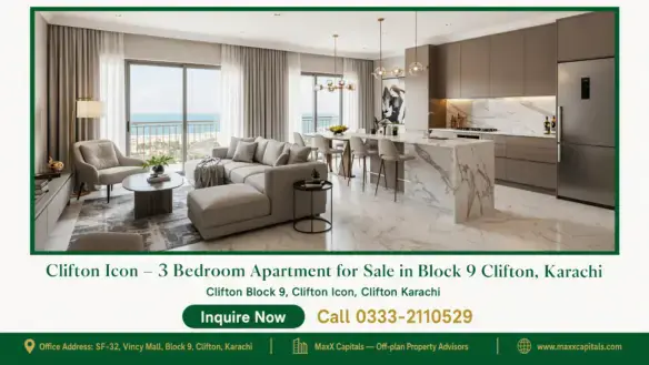 Open-plan living room with a sea view, modern kitchen with marble finish, and elegant furniture in a 3 bedroom apartment for