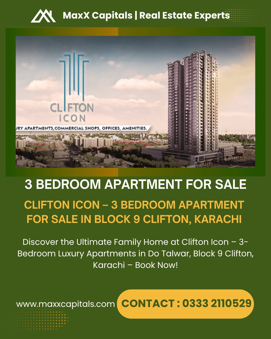 Clifton Icon high-rise building exterior in Block 9 Clifton, Karachi, with 3 bedroom apartments