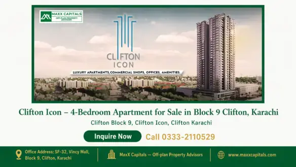 Clifton Icon luxury high-rise apartment building in Block 9 Clifton, Karachi, with cityscape and clear sky in the background.