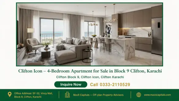 Spacious living area with ocean-view balcony, modern kitchen, marble flooring, and elegant furnishings in Clifton Icon, Karac