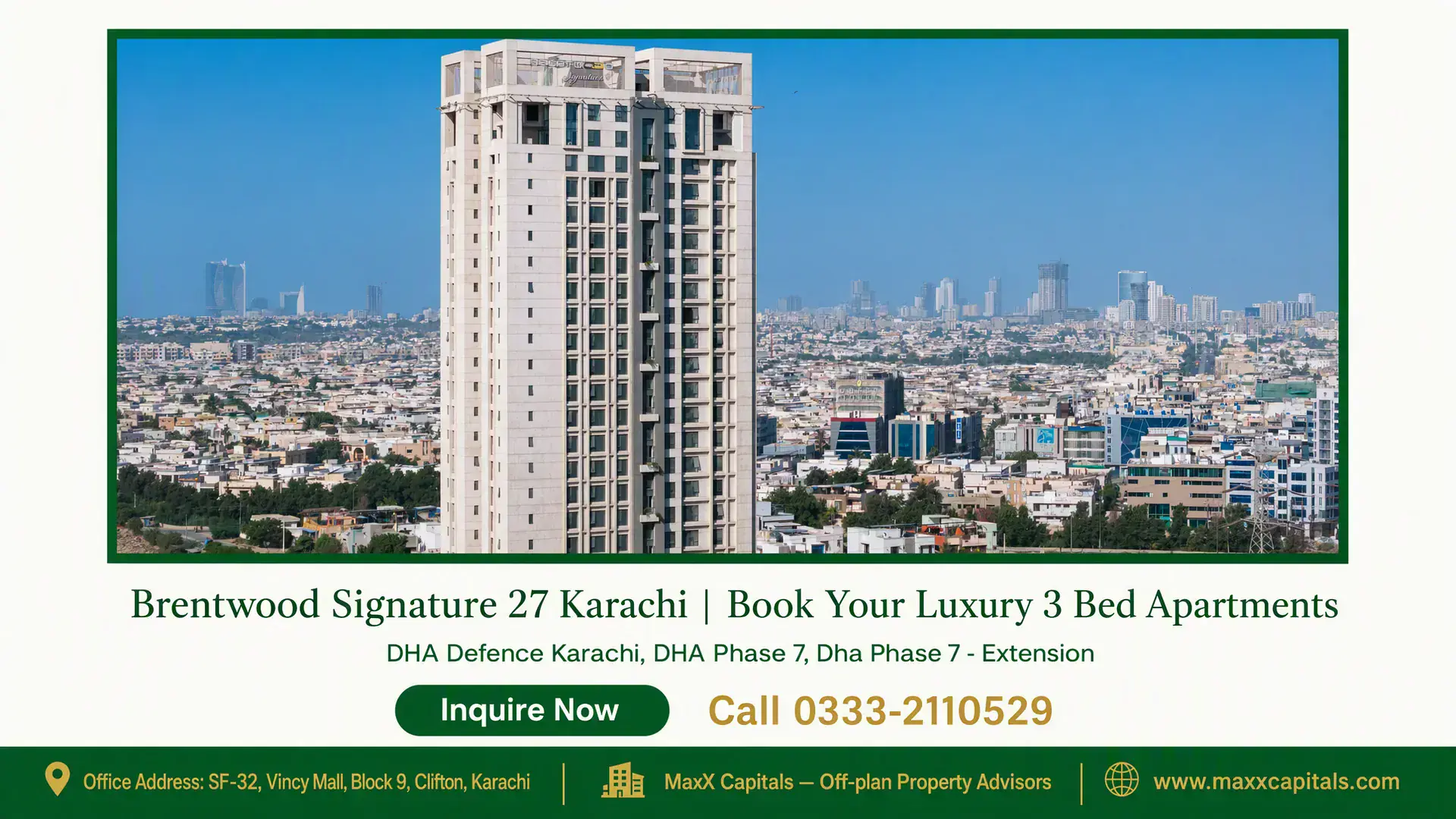 Brentwood Signature 27 Karachi | Book Your Luxury 3 Bed Apartments A high-rise residential tower in DHA Phase 7 Karachi with surrounding city skyline, part of Brentwood Signature 27 project.
