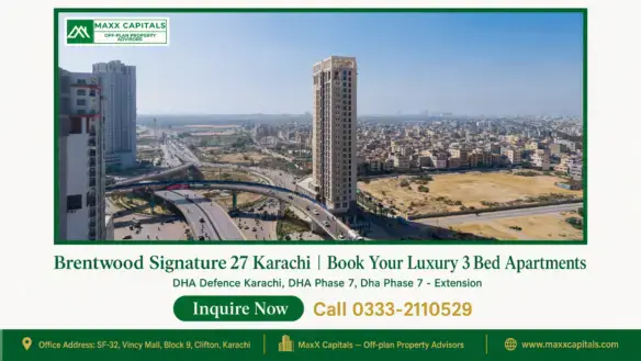 High-rise tower with modern architecture in DHA Phase 7 Karachi, surrounded by urban landscape and main road connectivity.