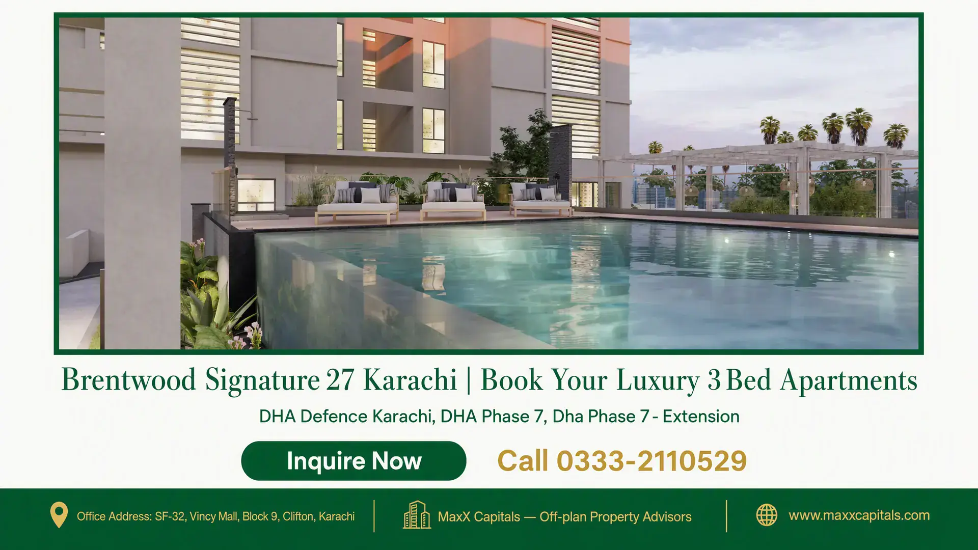 Brentwood Signature 27 Karachi | Book Your Luxury 3 Bed Apartments Infinity pool with modern lounge chairs, landscaped surroundings, and a view of Brentwood Signature 27 apartments in Karachi.