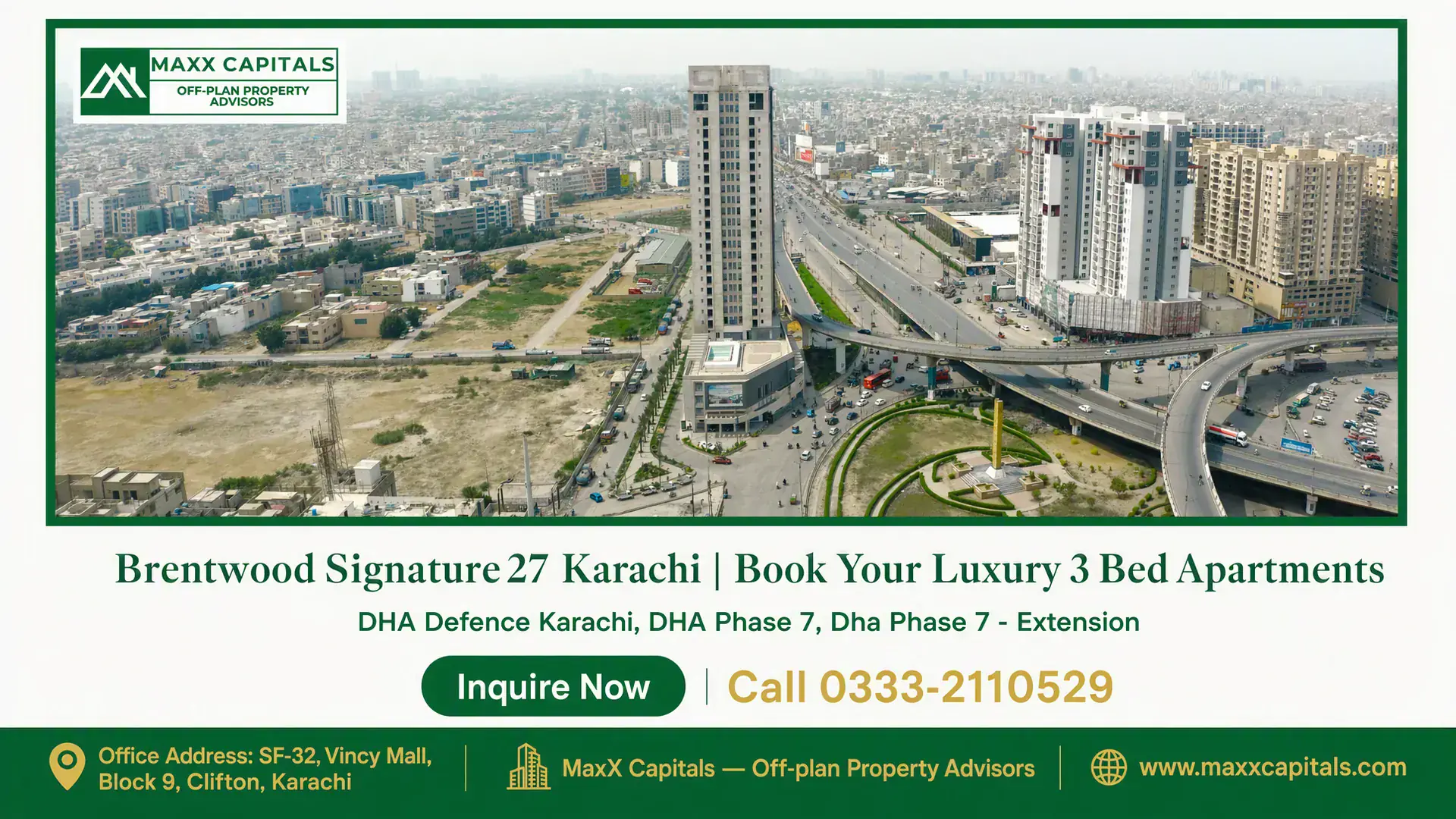Brentwood Signature 27 Karachi | Book Your Luxury 3 Bed Apartments High-rise luxury apartment building Brentwood Signature 27 with surrounding cityscape and infrastructure in Karachi.