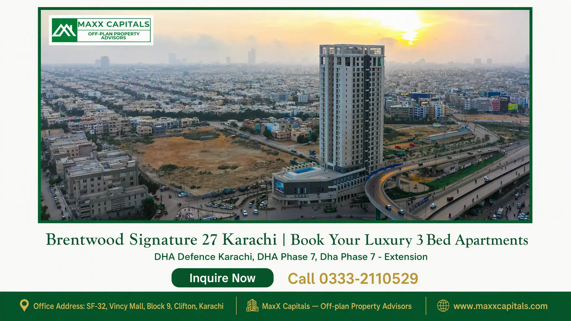 Brentwood Signature 27 Karachi | Book Your Luxury 3 Bed Apartments A high-rise residential building, Brentwood Signature 27, surrounded by urban infrastructure and cityscape in Karachi at suns