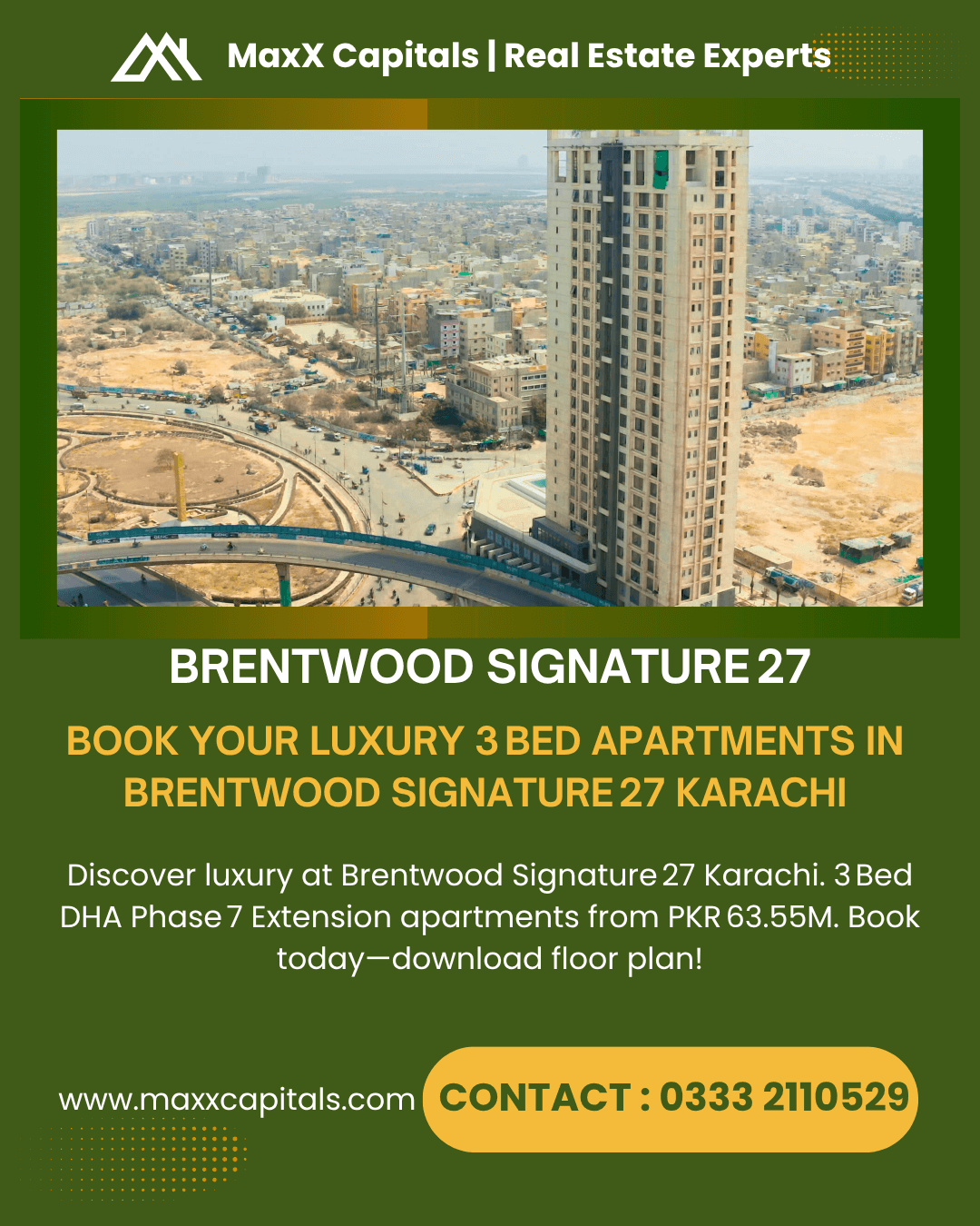 Book Your Luxury 3 Bed Apartments in Brentwood Signature 27 Karachi Aerial view of Brentwood Signature 27 high-rise tower in DHA Phase 7 Karachi, modern cityscape with surrounding buildings and
