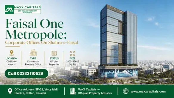 Faisal One Metropole, A Modern High-Rise Corporate Office Building On Shahra-E-Faisal, Surrounded By Urban Cityscape And Palm