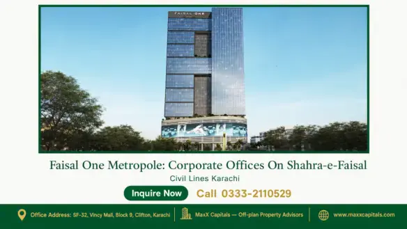 Faisal One Metropole, a high-rise corporate office building with reflective glass facade near Shahra-e-Faisal, Karachi.
