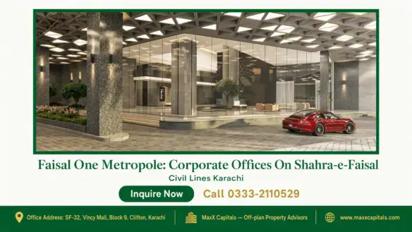 Modern corporate office entrance at Faisal One Metropole with a red luxury car and landscaped surroundings in Karachi.