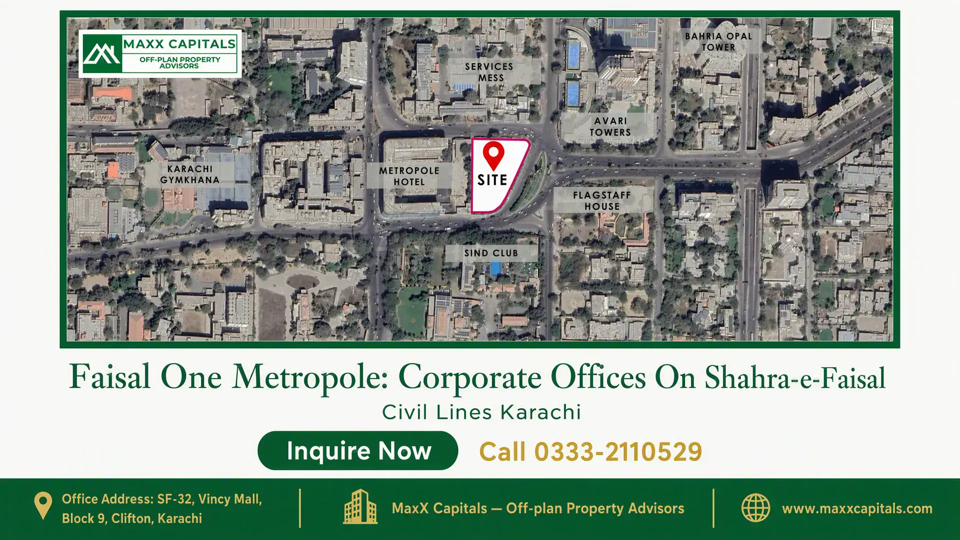 Faisal One Metropole: Corporate Offices On Shahra-e-Faisal Satellite view marking the prime location of Faisal One Metropole near Shahra-e-Faisal in Karachi, surrounded by landmarks.