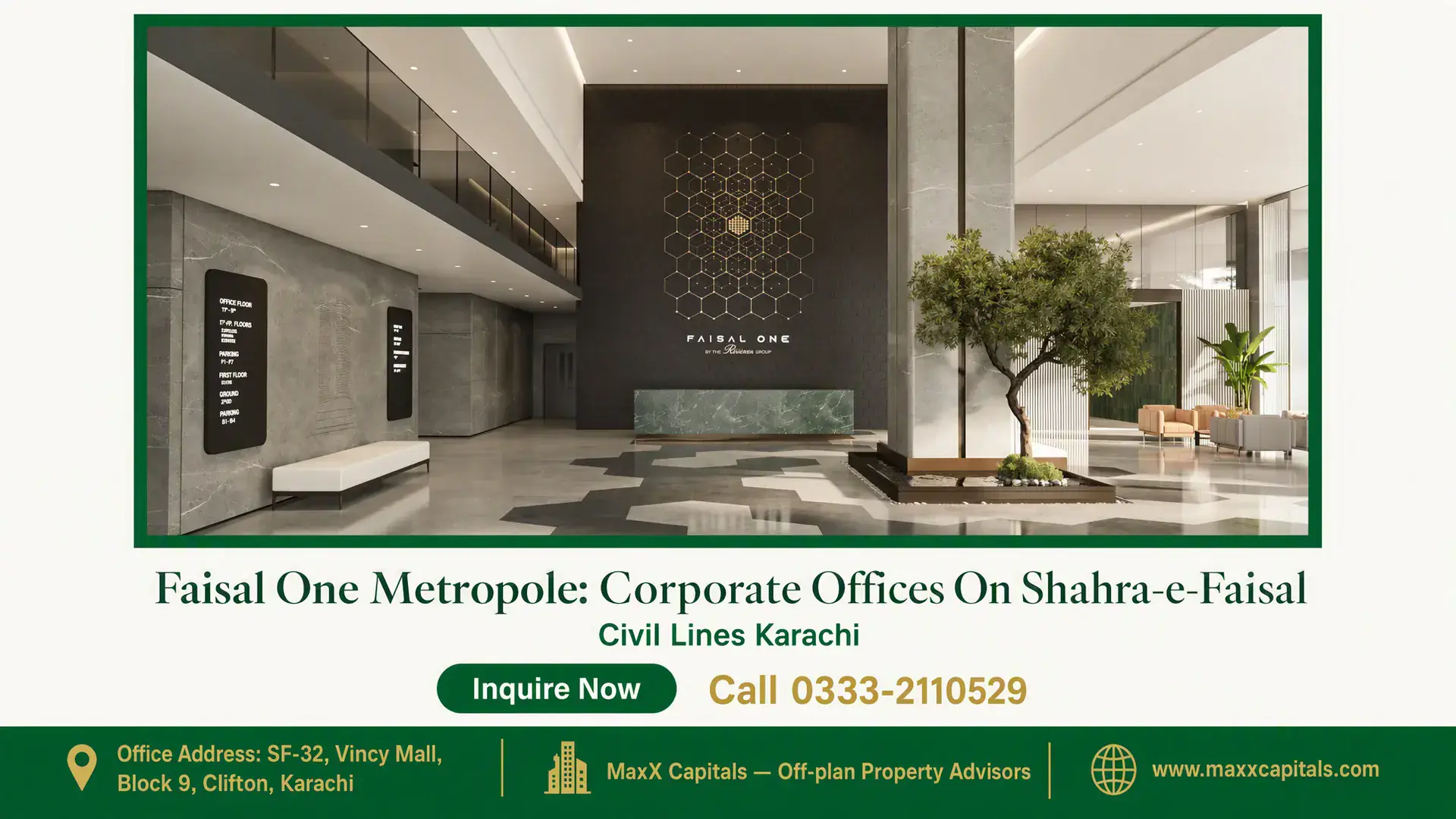 Faisal One Metropole: Corporate Offices On Shahra-e-Faisal Luxurious lobby at Faisal One Metropole featuring polished marble floors, modern decor, indoor plants, and a sleek reception