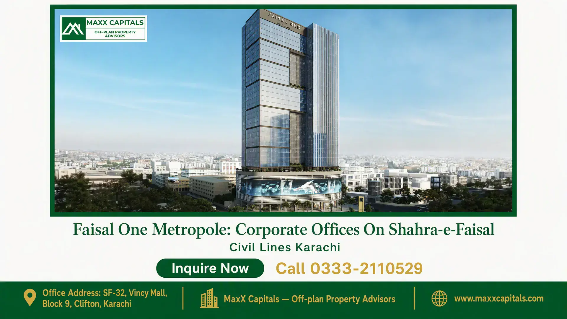 Faisal One Metropole: Corporate Offices On Shahra-e-Faisal Modern glass skyscraper Faisal One Metropole on Shahra-e-Faisal in Karachi, surrounded by urban landscape and greenery.