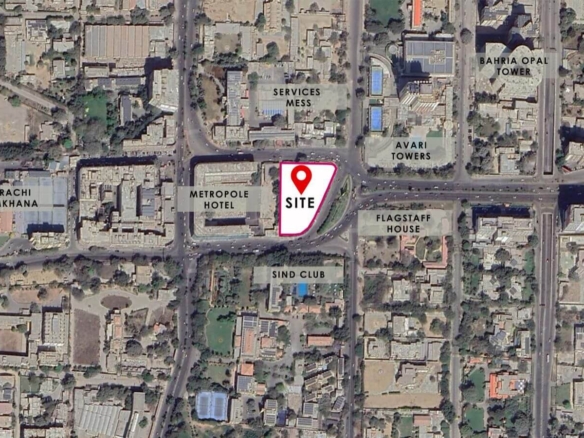 Satellite map of Faisal One Metropole site on Shahra-e-Faisal, Karachi, red pin marks location near Avari Hotel, Metropole Ho