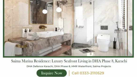 MaxX Capitals luxury bathroom interior at Saima Marina Residence, DHA Phase 8 Karachi with marble finishes
