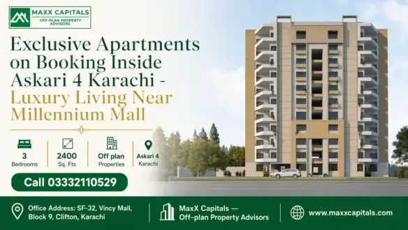 Modern Apartment Building In Askari 4 Karachi With Multiple Balconies And Landscaped Surroundings Near Millennium Mall.