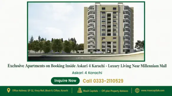 Modern mid-rise residential apartment building in Askari 4 Karachi, featuring a symmetrical facade and landscaped surrounding