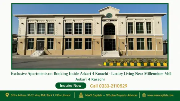 Modern beige and white two-story library with large windows and landscaped exterior in Askari 4 Karachi.