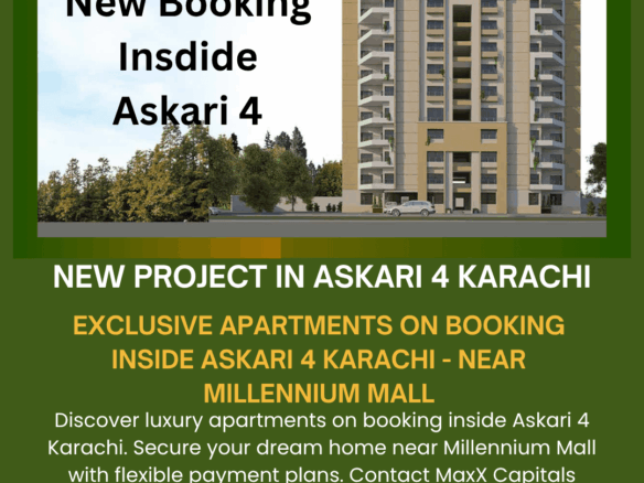 Modern G+10 Apartment Building With Balconies And Trees In Askari 4 Karachi Near Millennium Mall