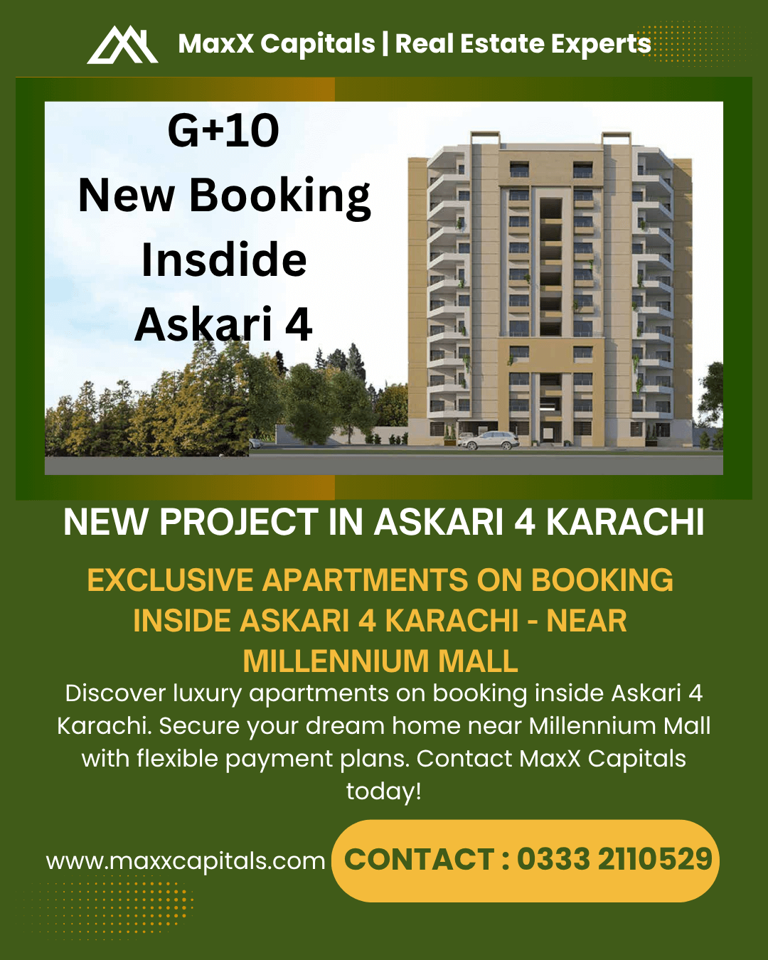 Modern G+10 apartment building with balconies and trees in Askari 4 Karachi near Millennium Mall