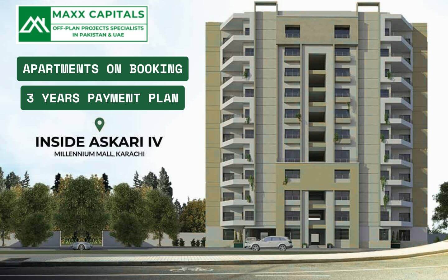 Book Luxury Apartments in Askari 4 Karachi – MaxX Capitals (1) Modern multi-story apartment building in Askari 4 Karachi near Millennium Mall with balconies and green surroundings
