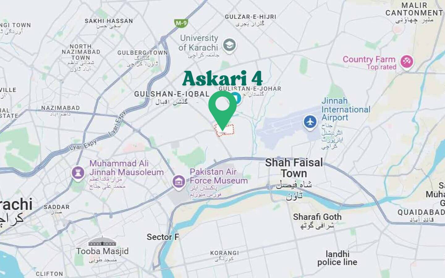 Book Luxury Apartments in Askari 4 Karachi – MaxX Capitals (3) Map of Askari 4 Karachi with green location pin near Jinnah International Airport and universities