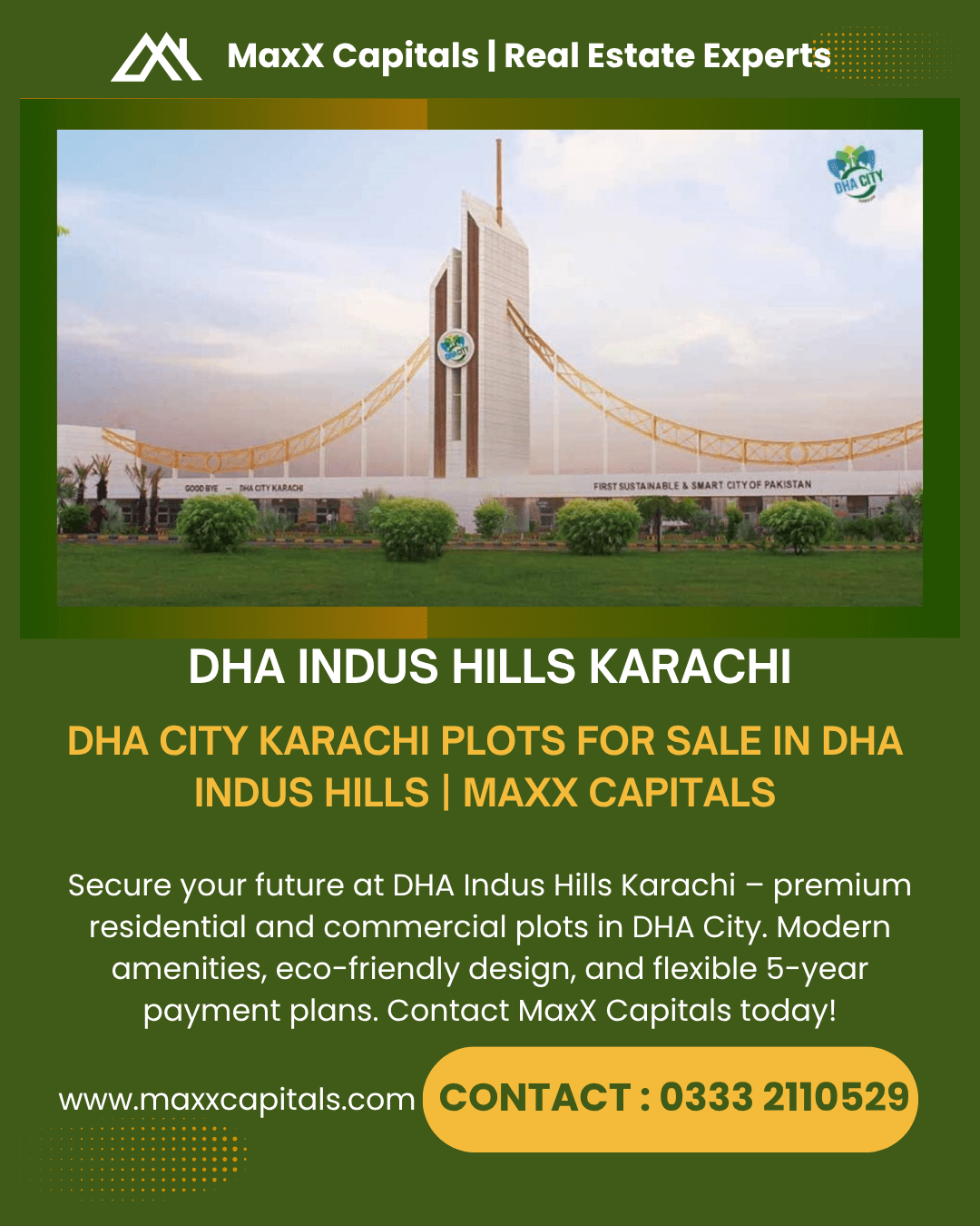 Grand modern entrance gate at DHA Indus Hills, DHA City Karachi, with lush green landscapes and trees