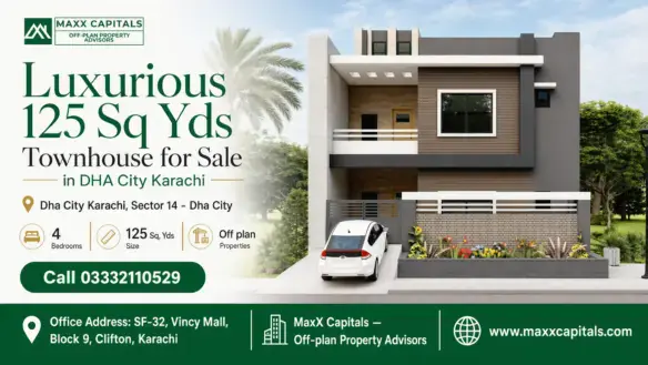 Modern 125 Sq Yds Townhouse With Contemporary Facade, Gated Driveway, And Lush Landscaping In Dha City Karachi.