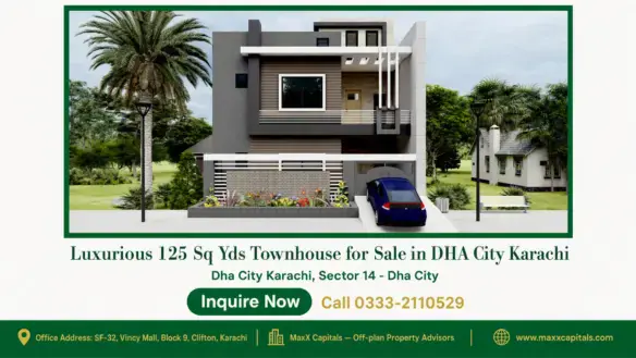 Modern 125 sq yds townhouse for sale in DHA City Karachi with sleek architectural design, spacious driveway, and landscaped g